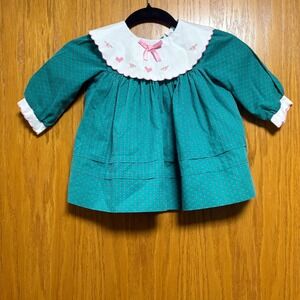 Vintage baby toddler  Green Heart Print‎ Dress White Collar Pink Ribbon Detail